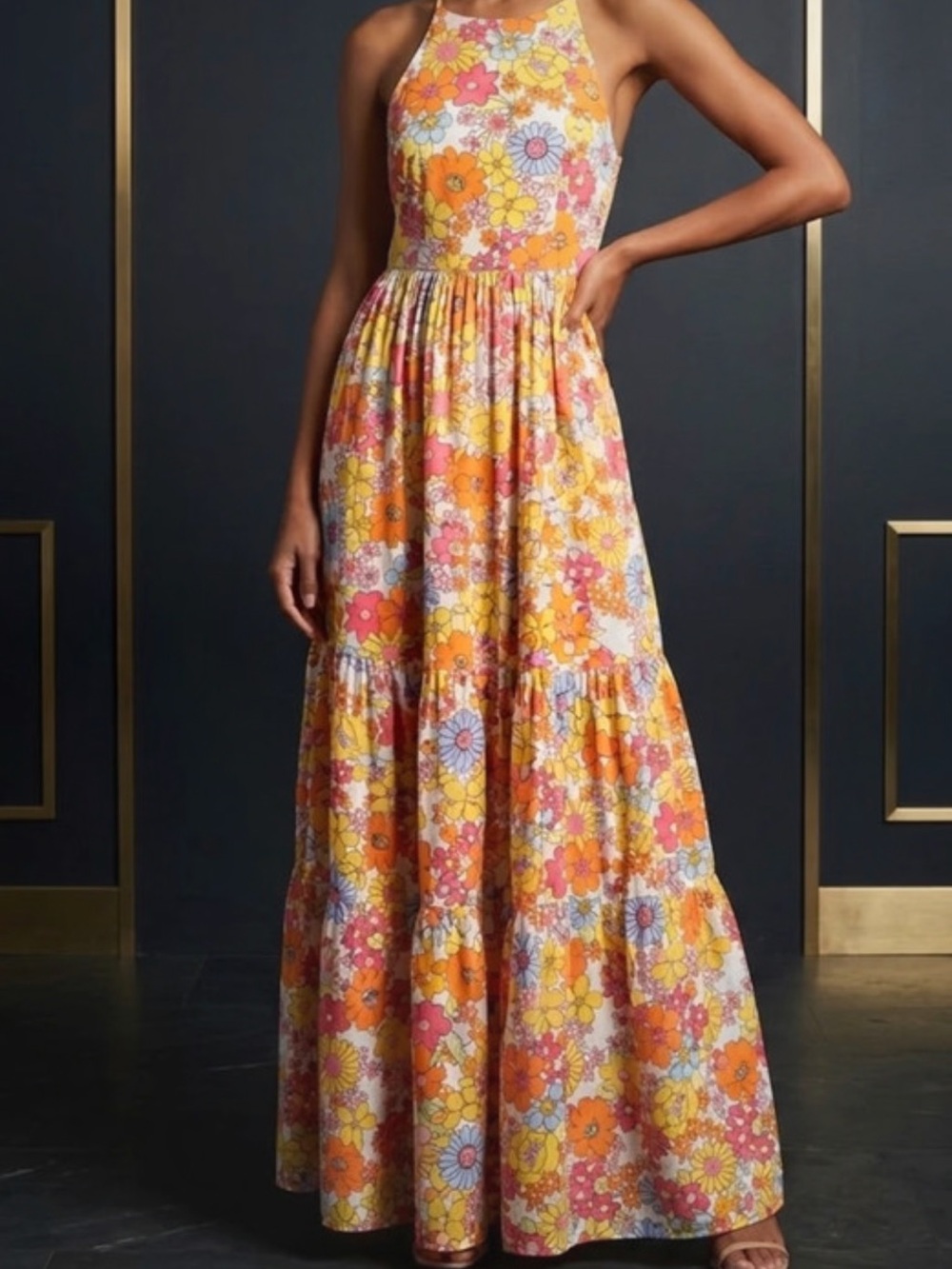 Emma & Michele Floral Halter Maxi Dress in Yellow, Orange and Pink